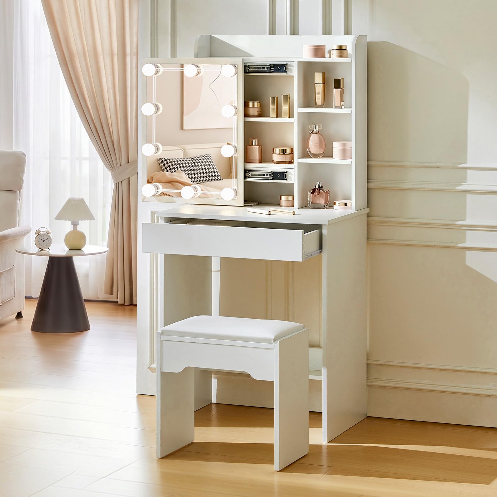 TUKAILAI Schminktisch mit Beleuchtung, Weiß Kosmetiktisch mit Schiebespiegel, Großer Schublade & Regalen, Frisiertisch Schmal mit Stuhl klein Schminktisch für Schlafzimmer 60x40x130cm