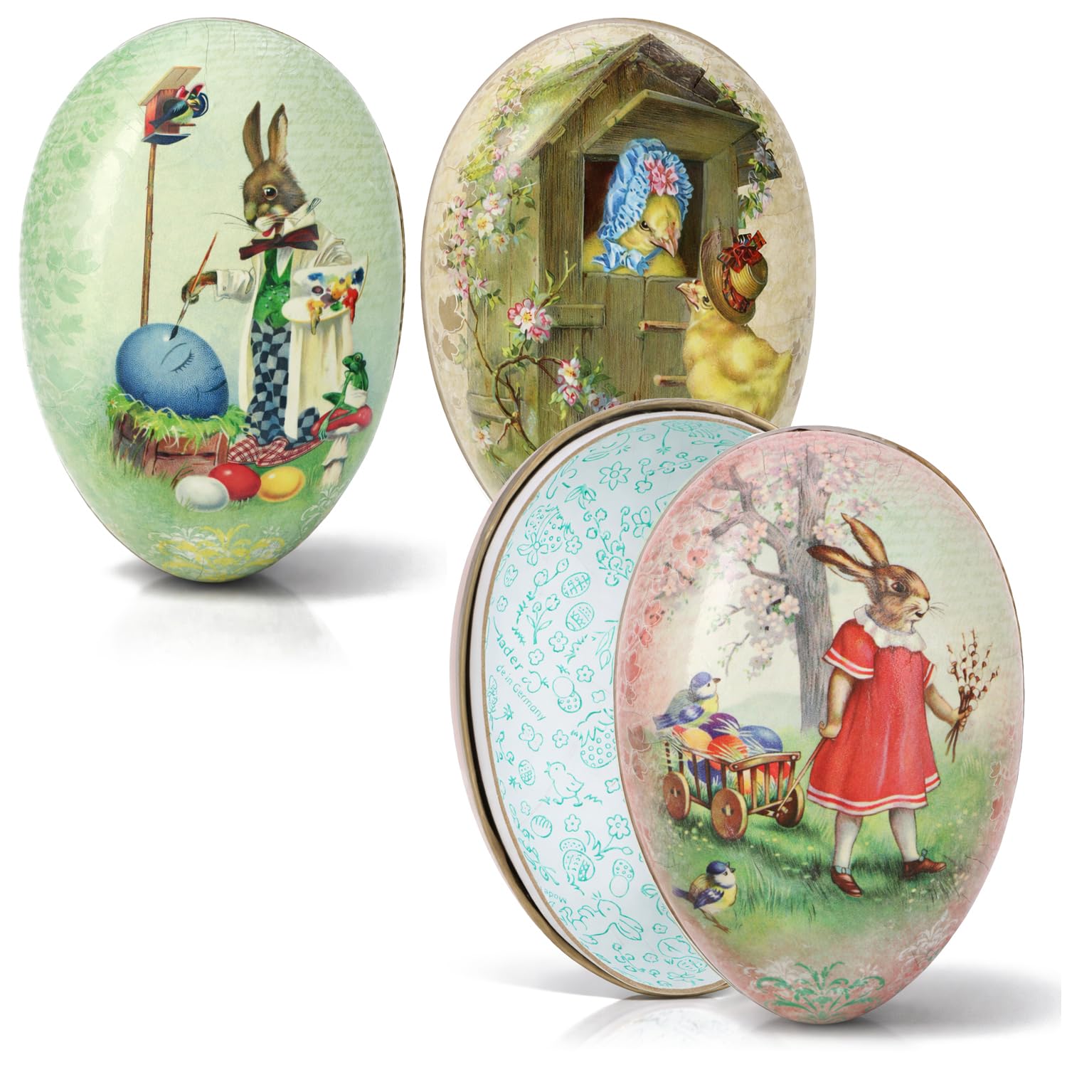 com-four® 3x Osterei zum Befüllen - 12 cm Füll-Ei mit Vintage Motiven - Osterdeko zum Selbstbefüllen - aufklappbare Papp-Eier - füllbare Deko-Ostereier [Auswahl variiert] (03 Stück - Vintage Design L)