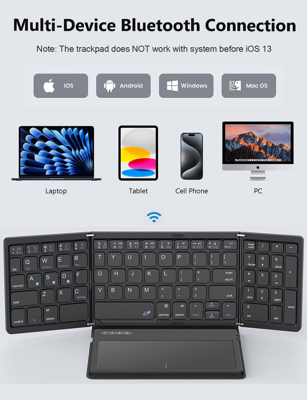 zenrich Tastiera Bluetooth pieghevole con touchpad/tastierino numerico/supporto, tastiera wireless pieghevole portatile da viaggio per Android iOS Windows Tablet Smartphone (sincronizzazione fino a 3