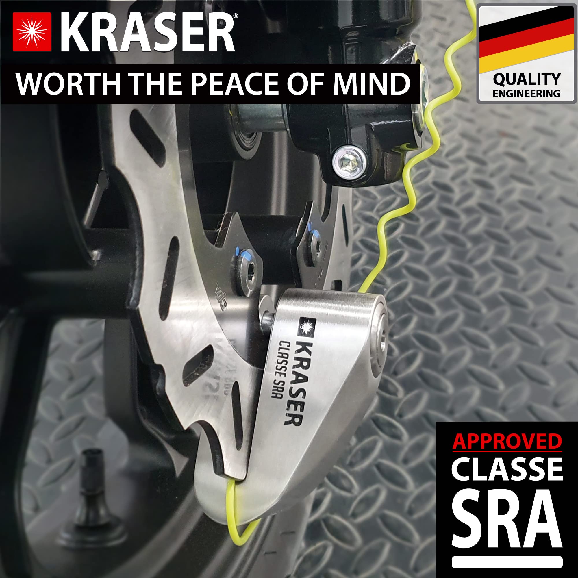 KRASER KR110S SRA Zatwierdzone Disc Kłódka Antykradzieżową Tarcza hamulcowa motocykla 10 mm Podwójne zamknięcie, 3 klawisze + kabel przypomnienia