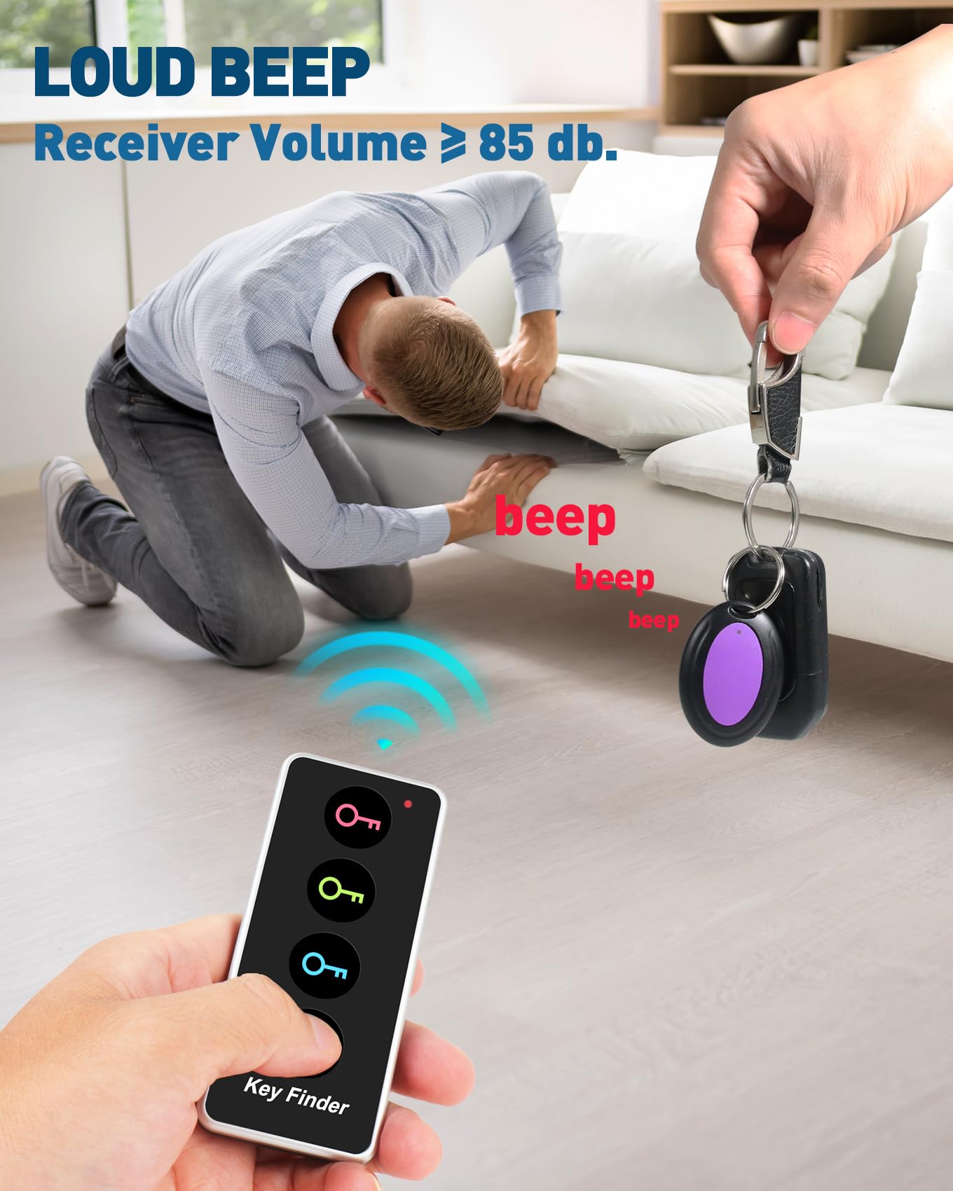 Key Finder, localizzatore RF da 85 dB+, con raggio di lavoro di 39,9 m, localizzatore remoto con suono per trovare portafogli, chiavi, telefono, occhiali, localizzatore di animali