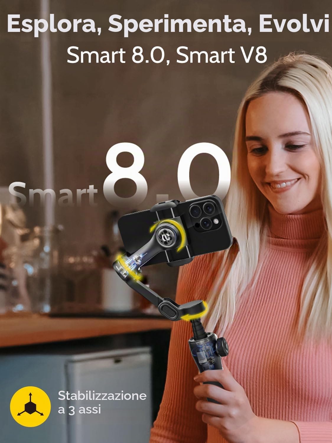 AOCHUAN Stabilizzatore cardanico a 3 assi con asta di estensione integrata da 7,8 pollici, gimbal per telefono Vlogging w/AI Tracking, giunto cardanico portatile per smartphone per iPhone con display