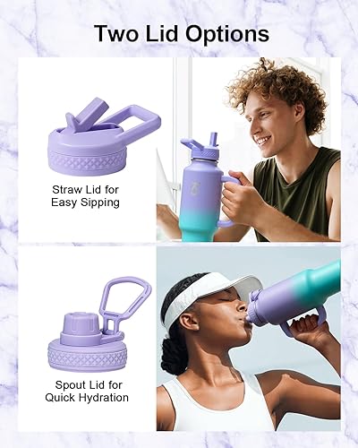 Miniatura 5 de Trebo Botella de agua de 40 onzas con aislamiento que cabe en portavasos de automóvil con asa, botellas de agua de acero inoxidable vaso con tapas