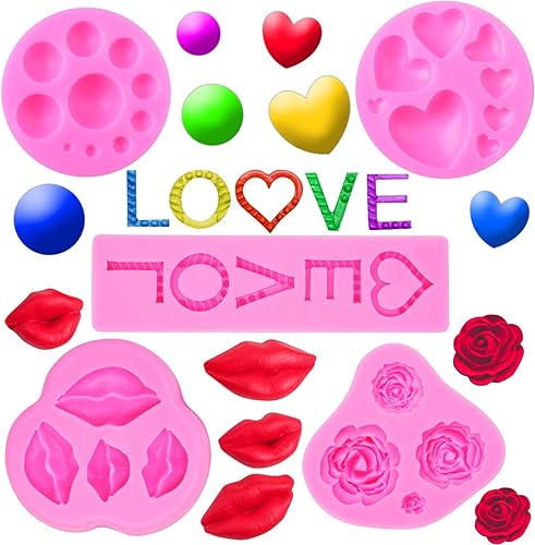Rainmae 5 moldes de silicona para el día de San Valentín, molde de fondant de flores, letras de amor, rosas, labios, osos, corazones, decoración de