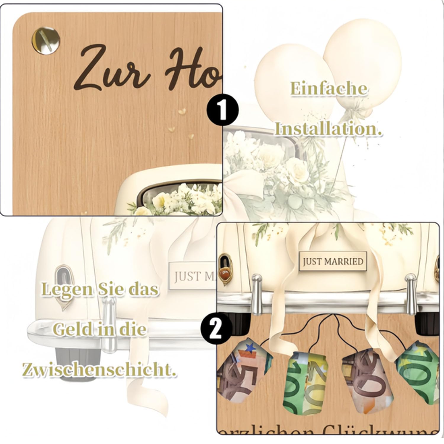 13 x 10 cm Biglietto Auguri In Legno, idealny na gratulacje ślubne | Ozdoba samochodu dla nowożeńców z drewnianą kopertą, romantyczny styl i pełna miłości