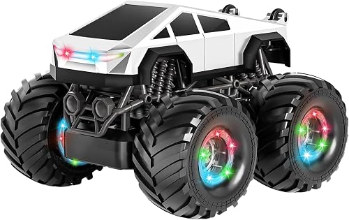 Remote Control Monster Truck Toy for Kids, 1:18 Scale 4WD RC Stunt Car with 360° Rotating, LED Lights and Music, 2.4GHz Rechargeable, All Terrain, Gift for Boys Girls Age 3-10