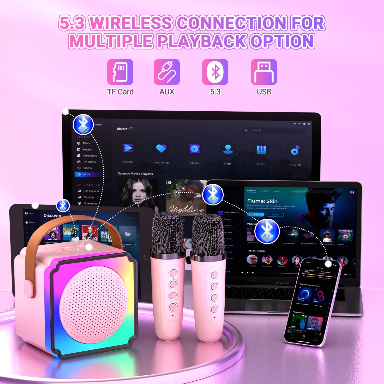 Anykuu Karaoke per Bambini con Microfono, Macchina per Karaoke Senza Fili Portatile con 2 Microfoni Wireless e Luce LED