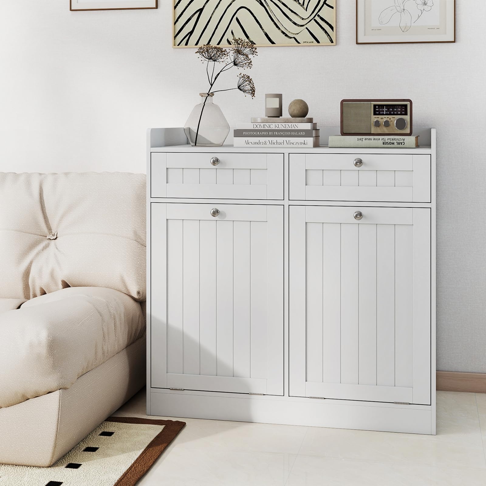 GOPLUS Mueble de Baño con Cesta de Ropa Extraíble, Armario de Almacenaje con Estante y Cajón, Puerta Abatible, Bolsa Interior con Asas, Mueble para Ropa para Baño y Lavandería (79 x 40 x 80 cm)