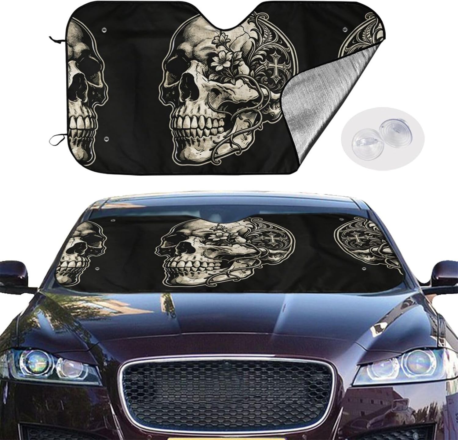 Skull with Floral Vines Print Foldable Car Windshield Sun Shade 55x30in image 2