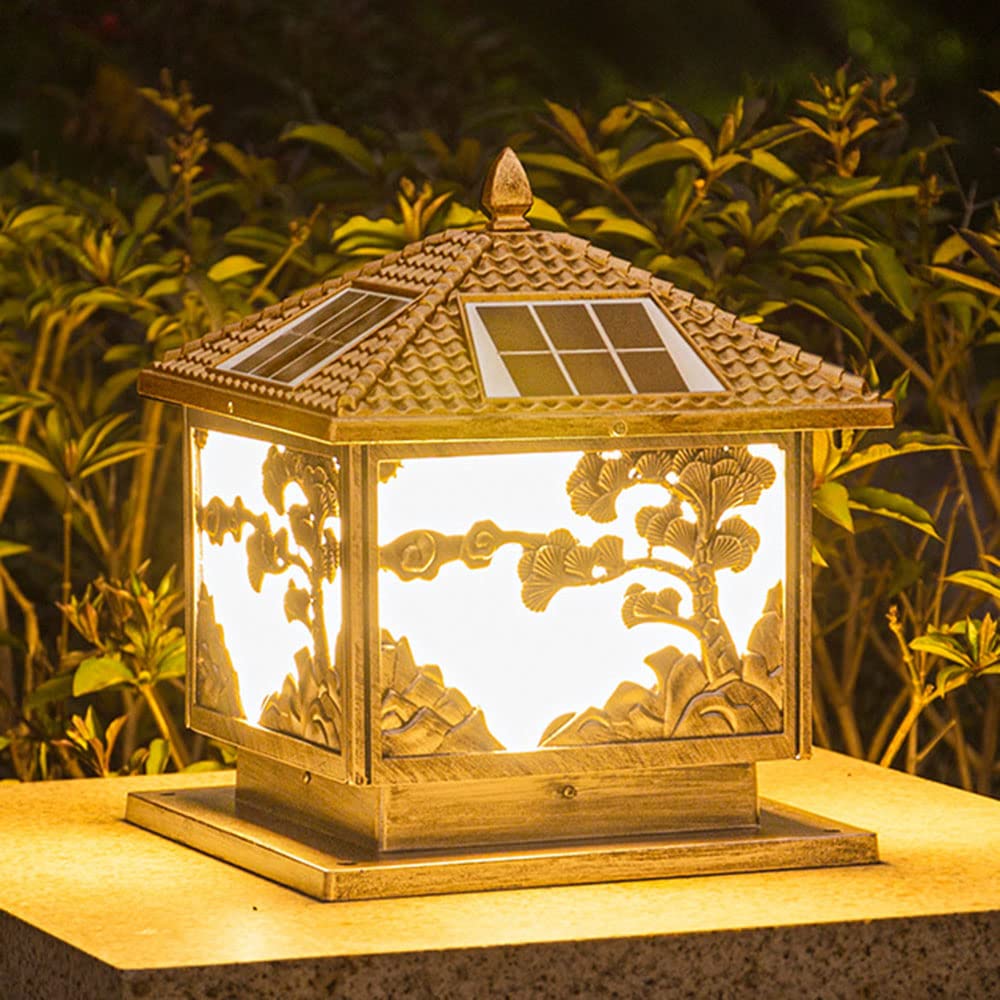 Pack 1 Poteaux Solaires Extérieurs, Lampe À Colonne en Métal À Motif Vintage De Style Chinois Lumières Actionnées Solaires Industrielles Imperméables De Pilier pour Le Pilier De Polonais