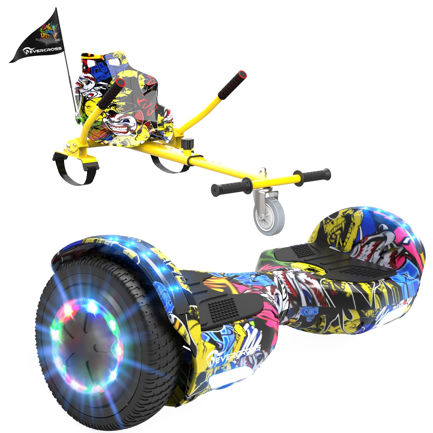 EVERCROSS Hover Board Kids, Hoverboards with Seat Attachment Hoverkart, 6.5" Self Balancing Scooters, Hoverboards Bluetooth with LED Lights, Ideal Hover Board for Kids Teenagers Adults Yellow