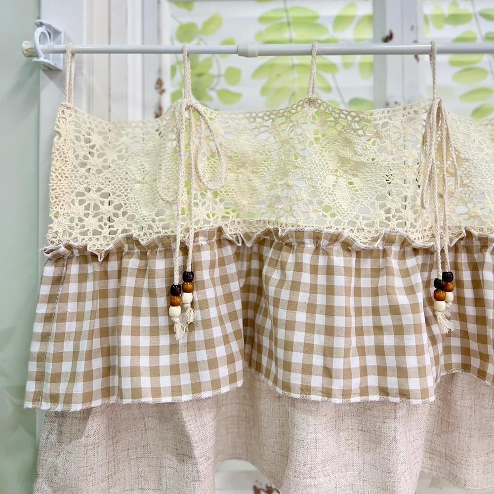 Crochet Lace Tiered Gingham Kitchen Short Curtain with Wooden Bead Tassel
