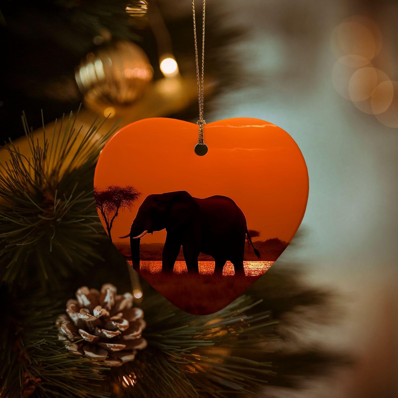 Christmas Ornaments for Christmas Tree Decoration Hanging Sunset African Elephant Ornament with Gold Ribbon Crafts Heart Shape Ceramic Pendant for Keepsake Gifts Xmas Decor Party Supplies