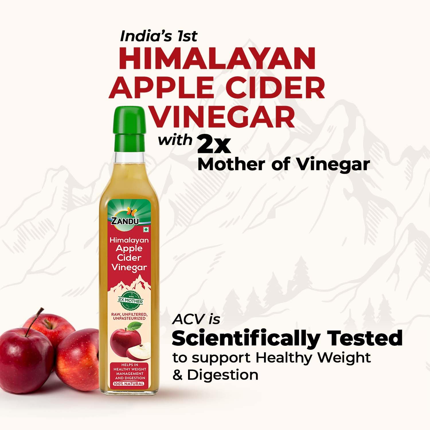 Zandu Himalayan Apple Cider Vinegar with 2X Mother | Scientifically Tested | Raw, Unfiltered, Unpasteurized | Supports Healthy Weight & Digestion | 100% Himalayan Apples | 500ml
