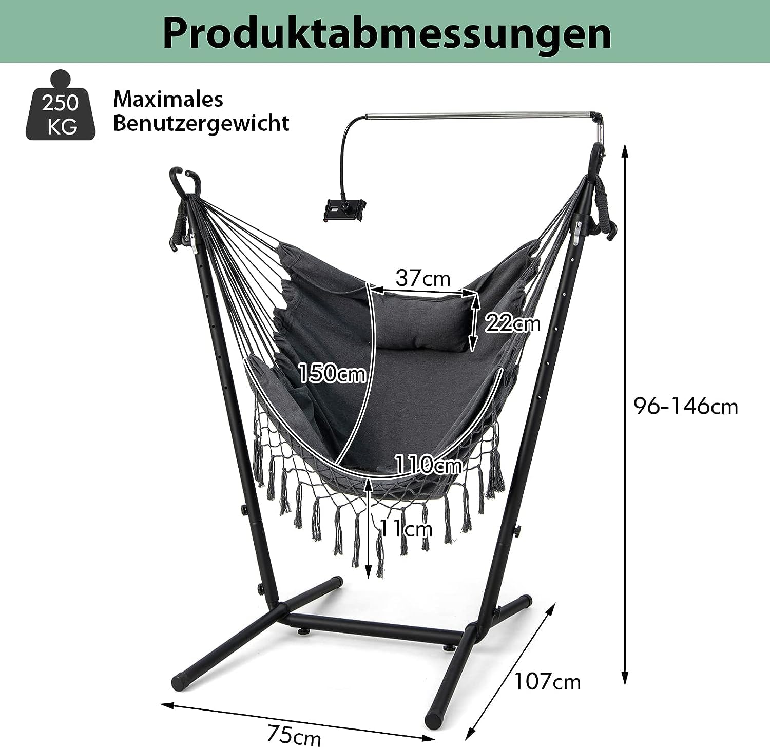 GOPLUS Silla Colgante con Estructura de Metal y Asiento de Algodón, Altura Ajustable y Soporte para Celular, Hamaca con Estructura, para Jardín, Patio y Dormitorio,Carga 250kg (Negro)