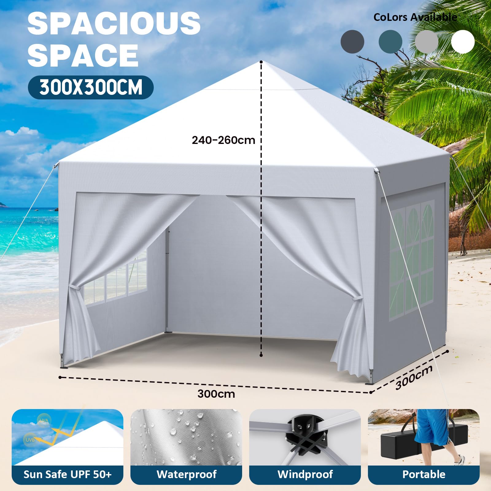 Tonnelle de Jardin 3x3m,Tonnelle Pliante,Tente de Camping avec 4 Côtés、Sac de Transport,Imperméable,Anti UV50+，Hauteur Réglable，Tente Réception,Barnum Pliante pour Exterieur Party Festival,Blanc