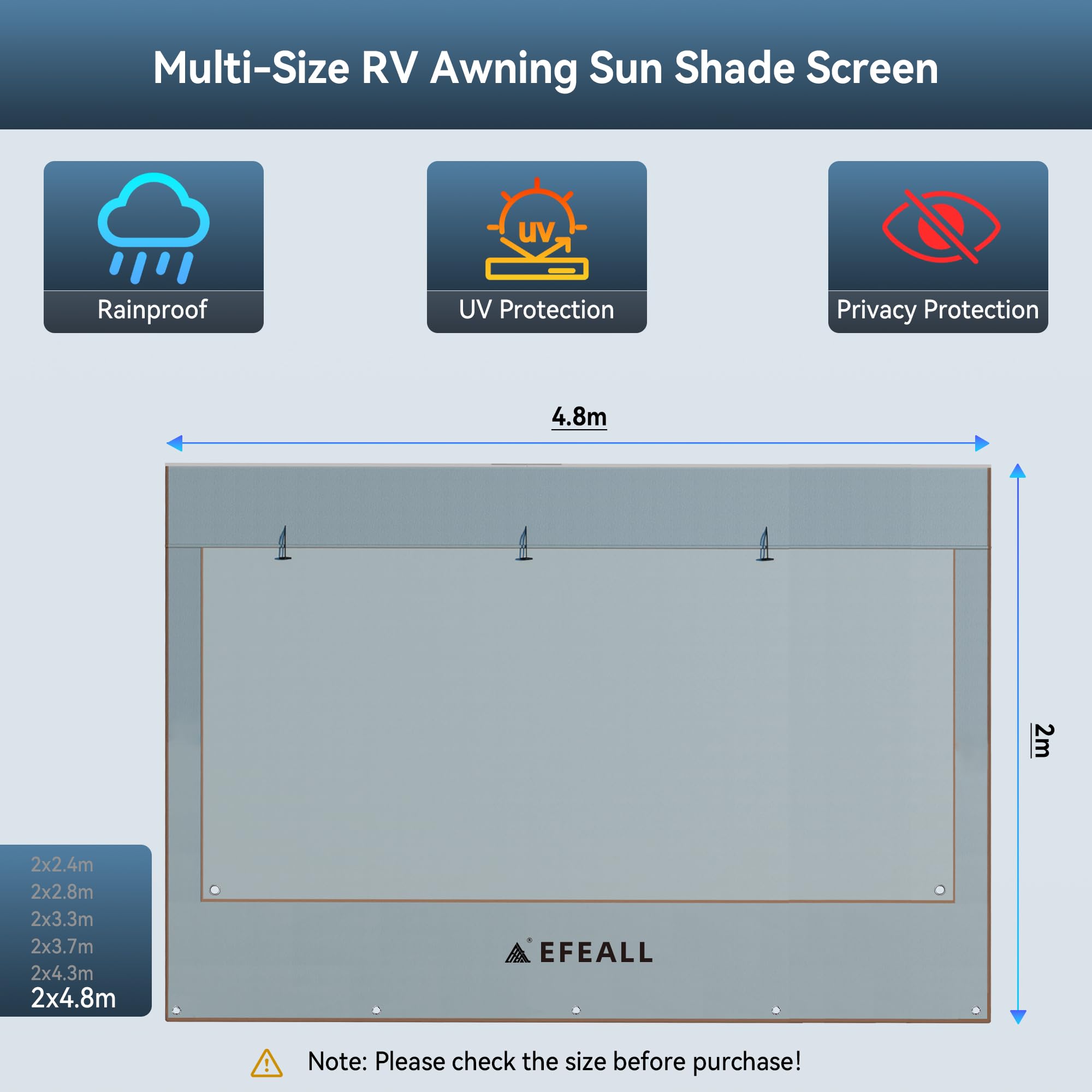 Auvent pour Camping-car - Pare-vent avant 2 x 4,8 m, Protection UPF 50+, Résistant à la pluie, avec fenêtre panoramique réglable (tissu + filet), Auvent solaire pour rails de 5–7 mm