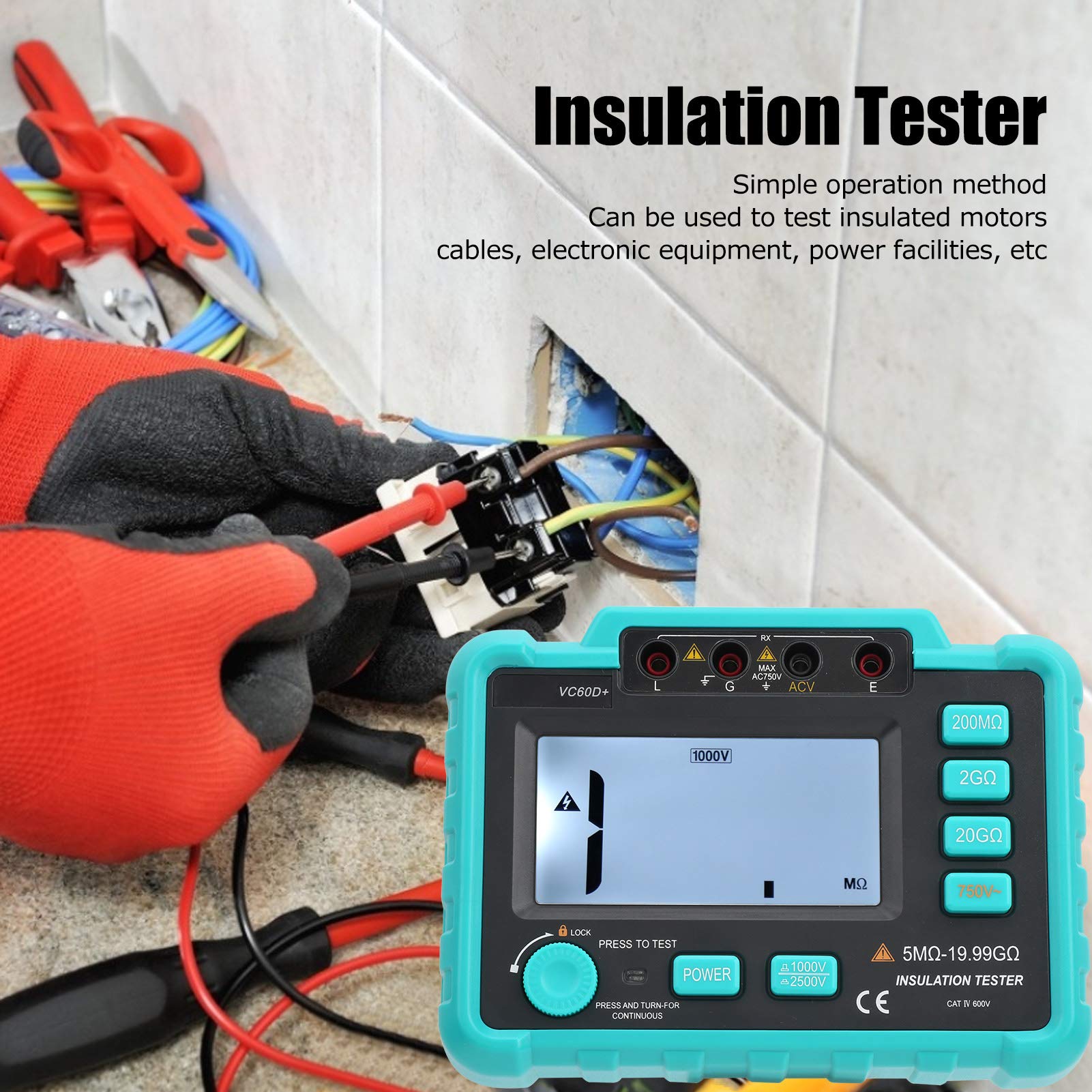 FTVOGUE Probador de Aislamiento Digital Medidor de MegOhm, Material ABS, Pruebas de Resistencia de Alta Precisión para Motores Eléctricos e Instalaciones Eléctricas