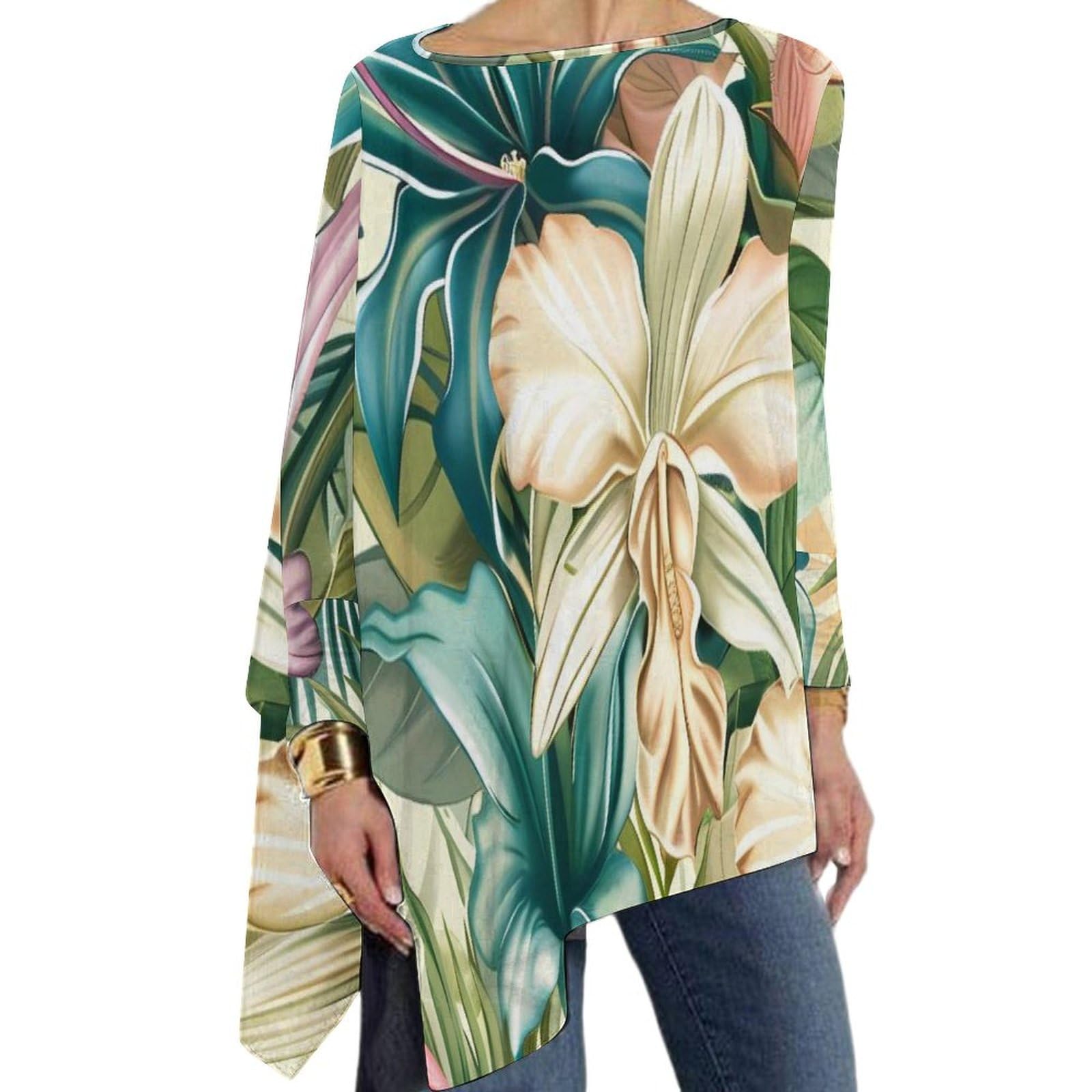 Orchid Tropical Flower Plant Pullover Shirts for Women Long Sleeve Round Neck Irregular Hem Casual Tops Blouse