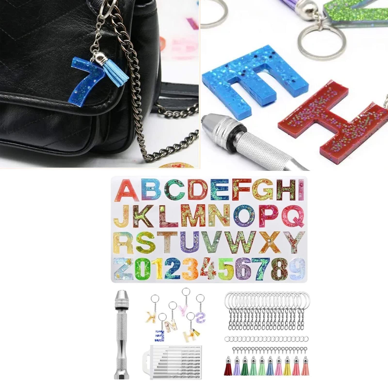 Kit di Stampi Per Colata in Resina Siliconica con Alfabeto, Lettere E Numeri, Stampi in Silicone Per Resina, Portachiavi con Figure in Resina a Specchio Fai-da-te, Set Per Gioielli, Orecchini Pendenti