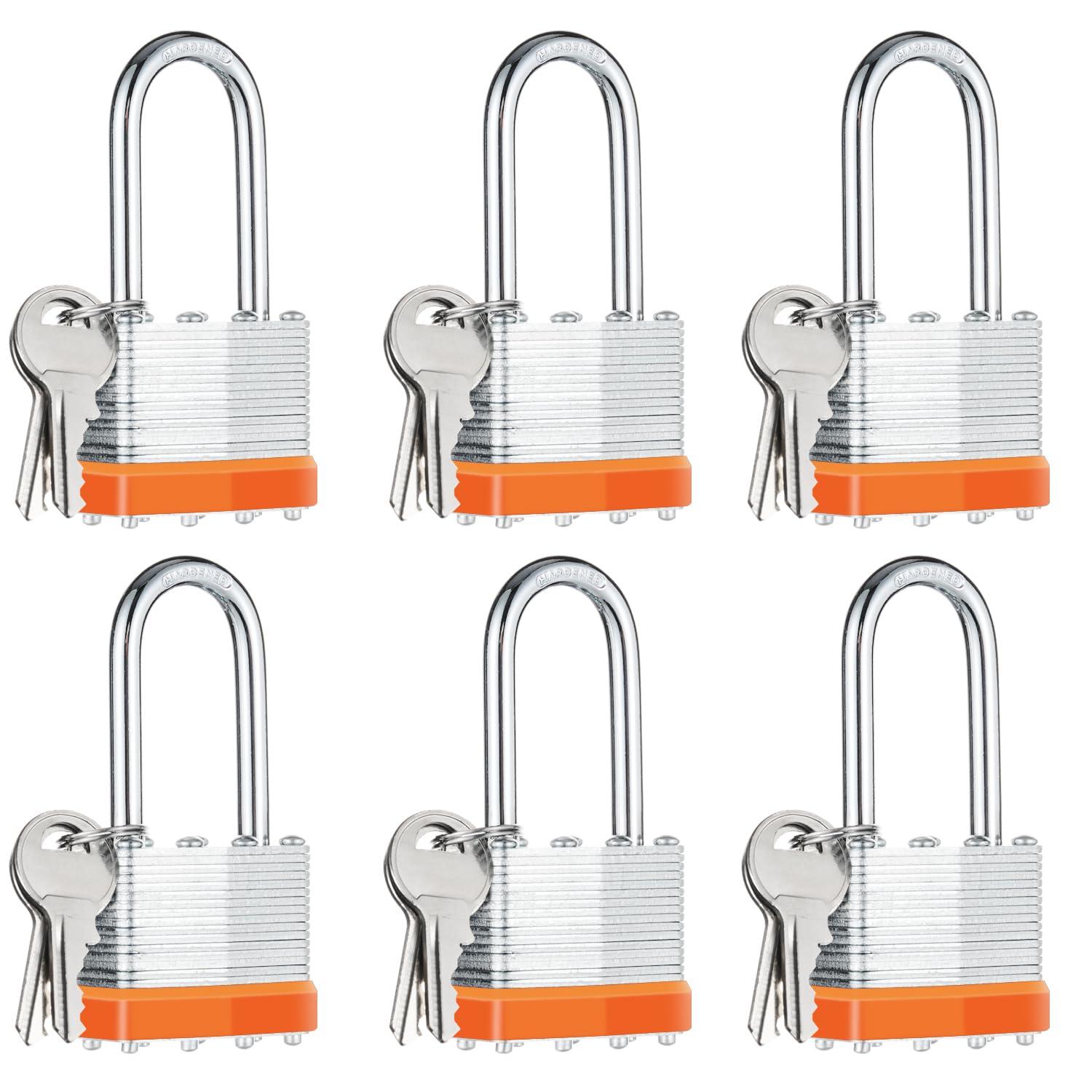 6Pcs Padlocks with Same Keys,Orange Silver,Long Shackle
