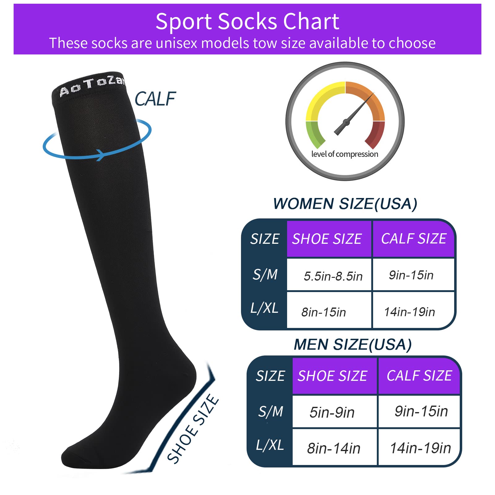 AoOnZan 4 Pairs Compression Socks for Women Men 20-30mmHg Compression Stockings Sports Long Knee High Socks Black (Small-Medium)