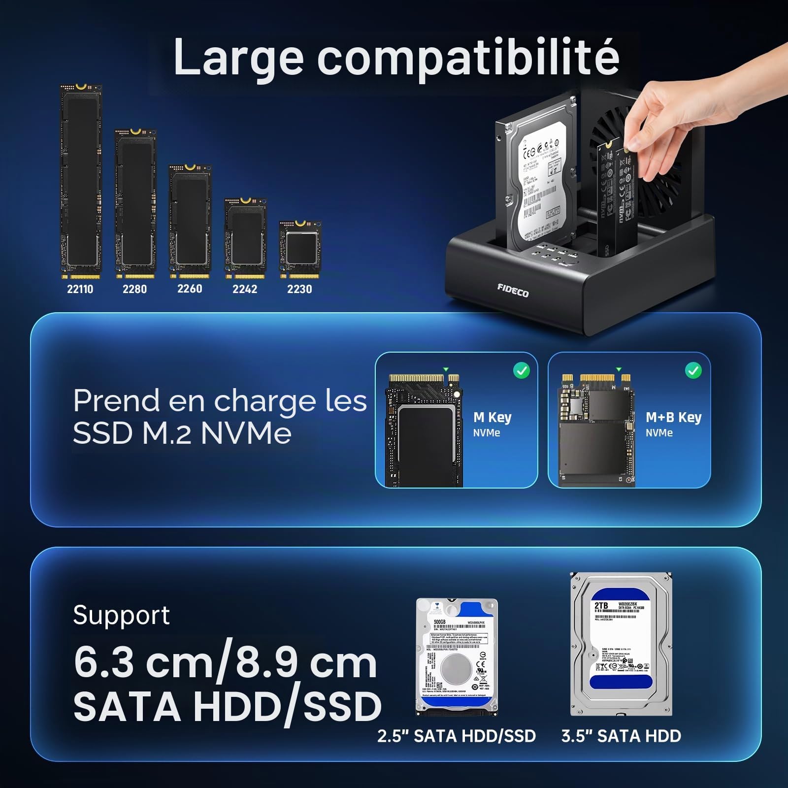 FIDECO Station d'accueil Cloneur pour HDD et SSD NVMe M.2, USB 3.2 Gen 2 (10Gbps), Station Cloneur à 3 Baies pour SSD NVMe M.2 et Disques Durs SATA 2,5"/3,5", avec Ventilateur Rabattable