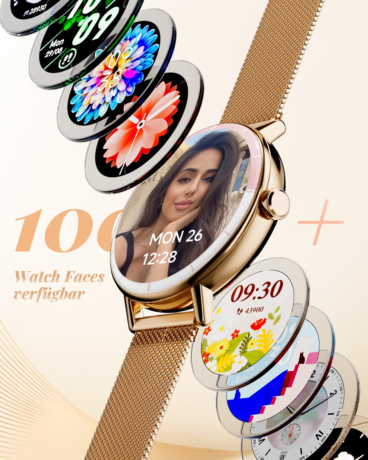 TOOBUR Smartwatch Damen, 40mm Schrittzähler Uhr Rund, Roségold | Fitness Sport Uhr mit Zwei Armbändern, Kompatibel mit Android und iOS, Anrufe Annehmen & Tätigen, IP68 Wasserdicht