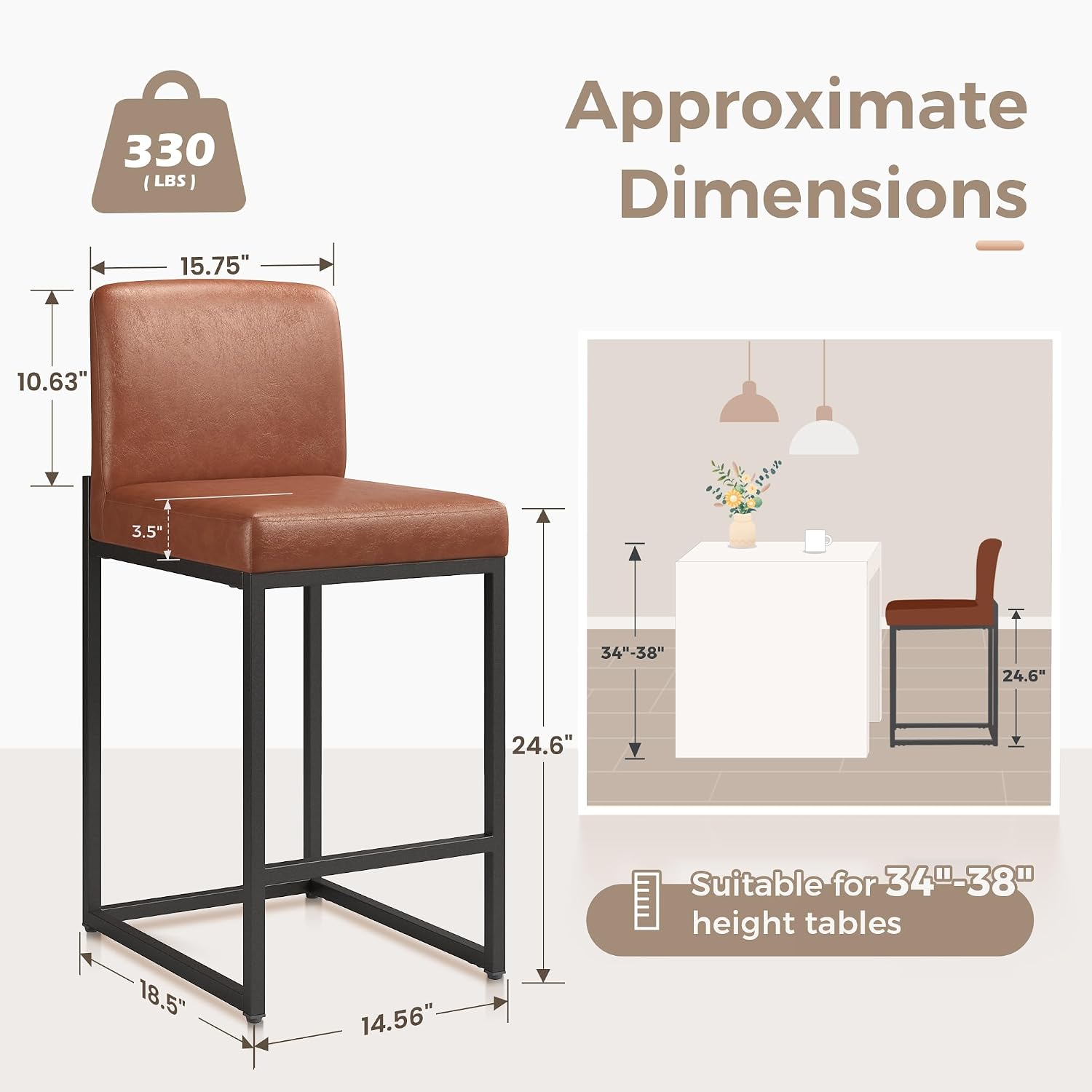 MAISON ARTS Faux Leather Bar Stools, 24 Inch Counter Height Barstool with Back, Metal Frame, Footrest, Modern Upholstered Bar Chairs for Kitchen Island Home Bar, Brown