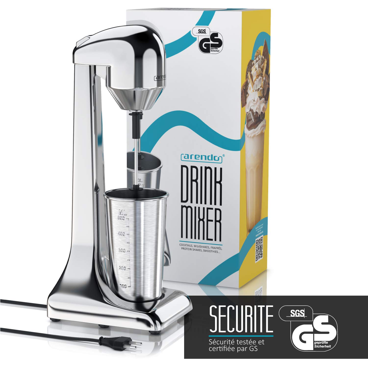 Arendo - Mixeur mélangeur de boissons, Mixer Plongeantblender shaker, Mixeur électrique cuisine, 2 vitesses 22.000 tr/min, Récipient 500ml inox, pour boissons protéinées Smoothies Milkshakes Cocktails