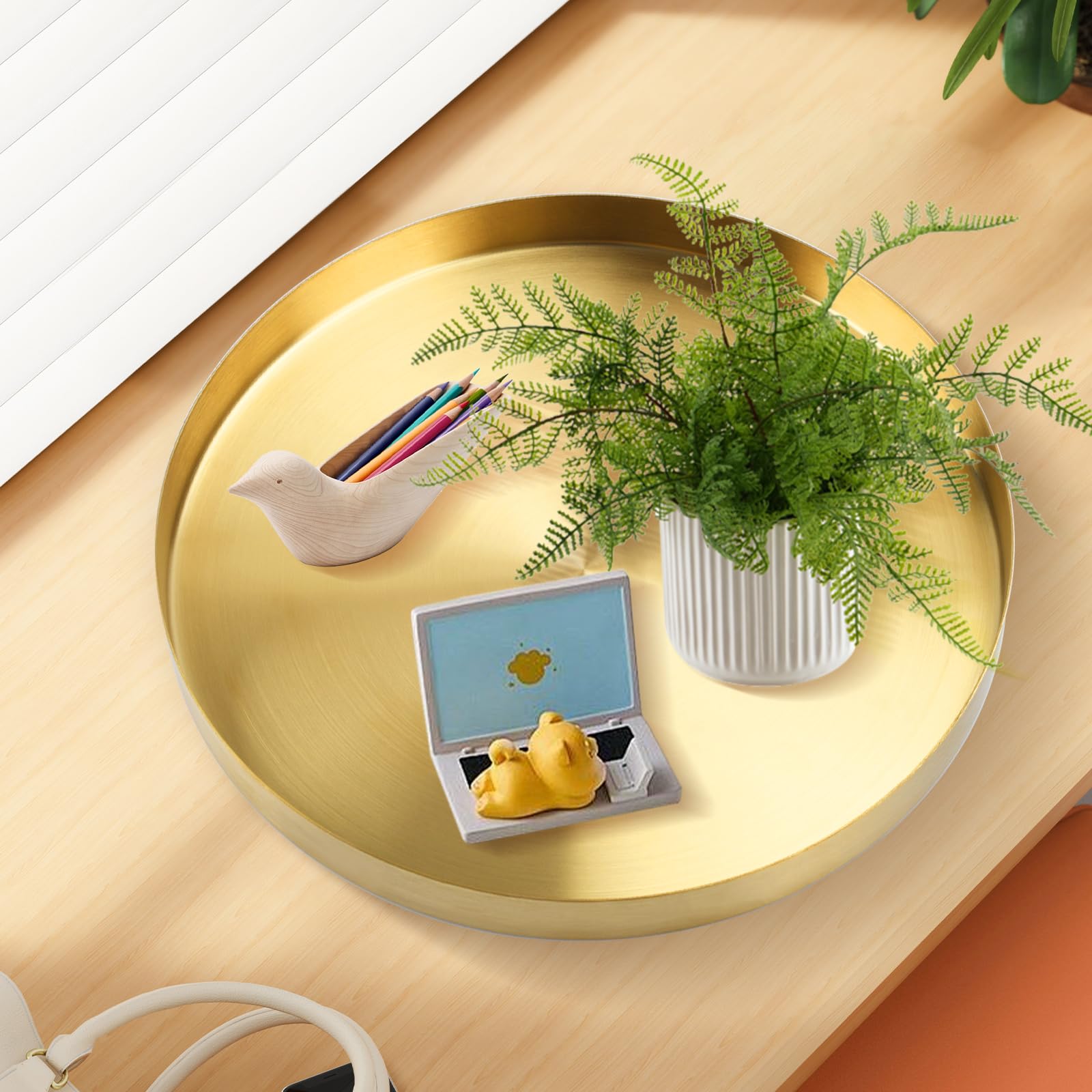 BYZCYSG 12 Inch Golden Round Serving Tray, Stainless Steel Serving Platter, Circle Decorative Tray, Vanity Tray for Centerpiece Home Decor