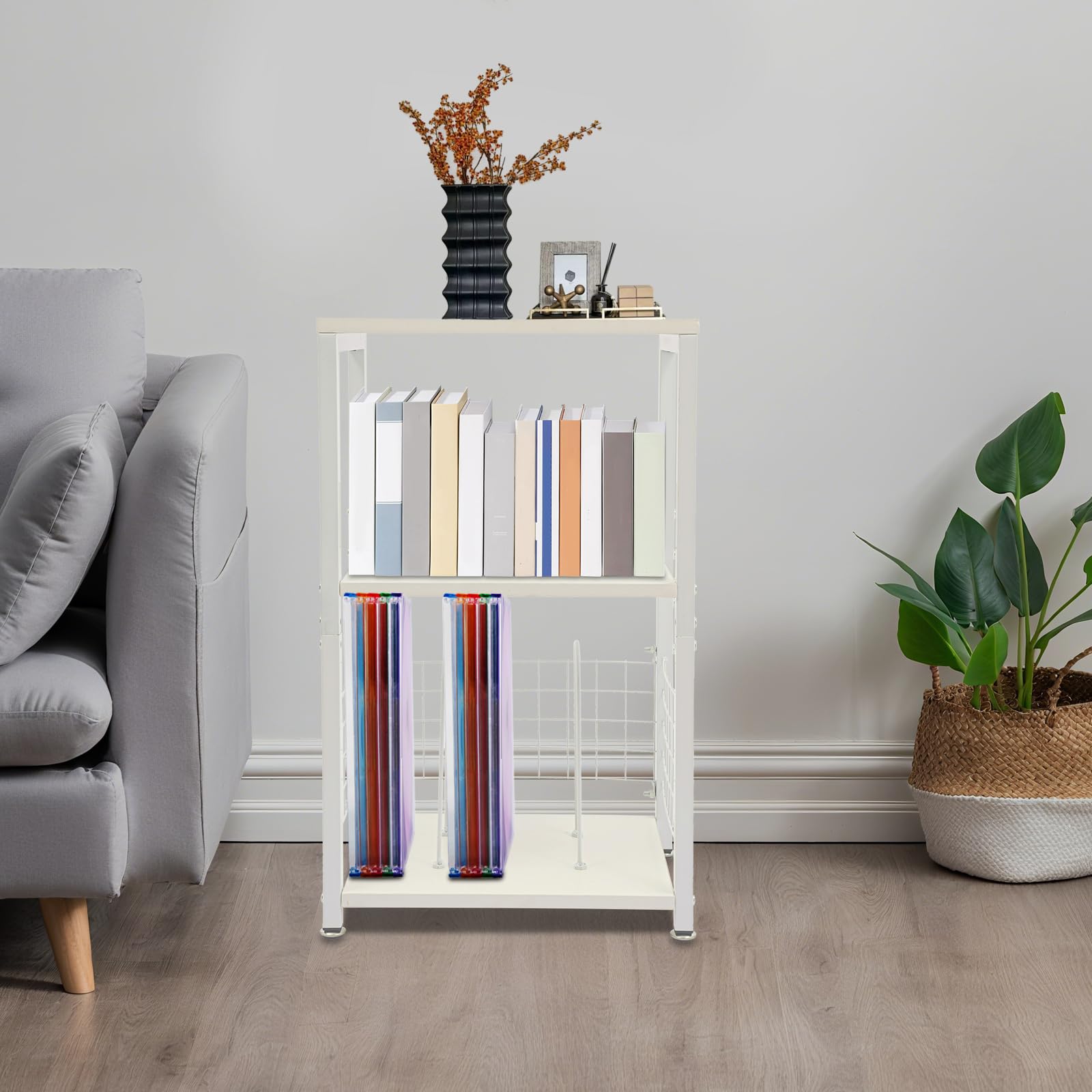 Treeisland Scaffale per dischi a 3 ripiani, bianco, per dischi e giradischi | Contenitore in vinile con divisori, portata 45 kg, autoportante, per ufficio e soggiorno