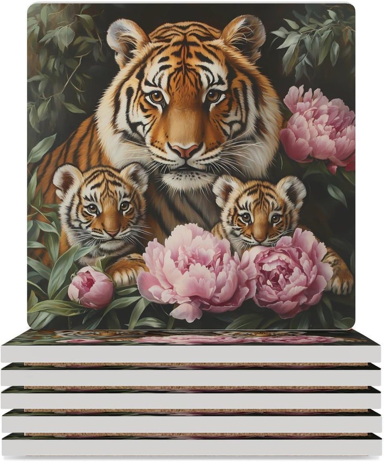Tiger Mom with Flower Coasters for Drinks Square Table Coasters Set Cup Mats with Cork Base