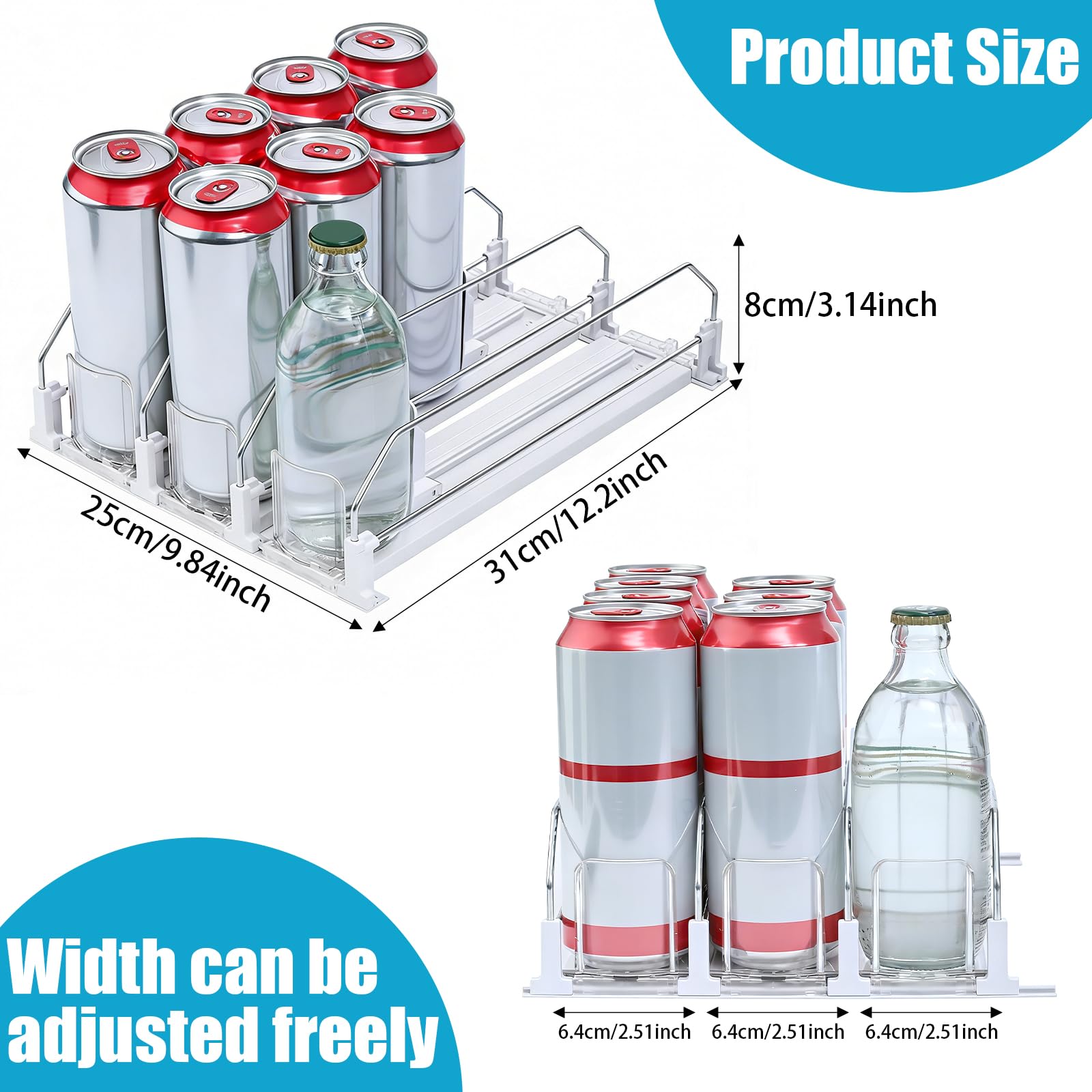 Dreireihiger Kühlschrank Organizer, Selbstschiebender Getränkespender, Dosen Organizer für 12 Getränke, Aufbewahrung und Organisation für Kühlschrank Supermarkt 31×25×8cm