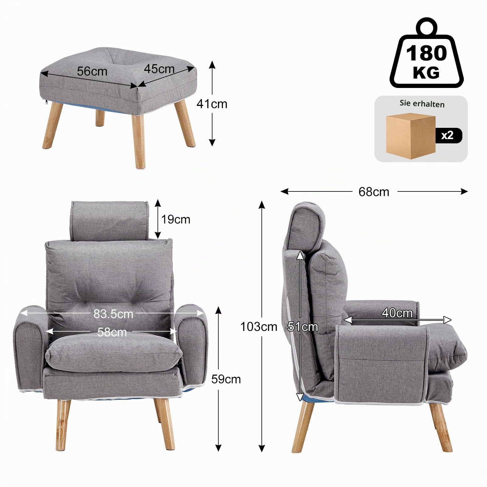 CLIPOP Relaxsessel mit Hocker Verstellbarer Lesesessel Leinen mit 6 Positionen Extra Dick Gepolsterter Lehnstühle Liegesessel Fernsehsessel Ohrensessel mit Liegefunktion (Grau)
