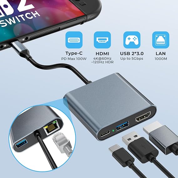 Switch 2 Dock,Portable USB C Docking Station with 4K@60Hz~120Hz HDR/PD Max 100W/1000M Ethernet/2 USB 3.0 Port,Aluminum Alloy Travel TV Dock for Switch/Steam Deck/ROG Xbox Ally X/Legion Go 1/2/S