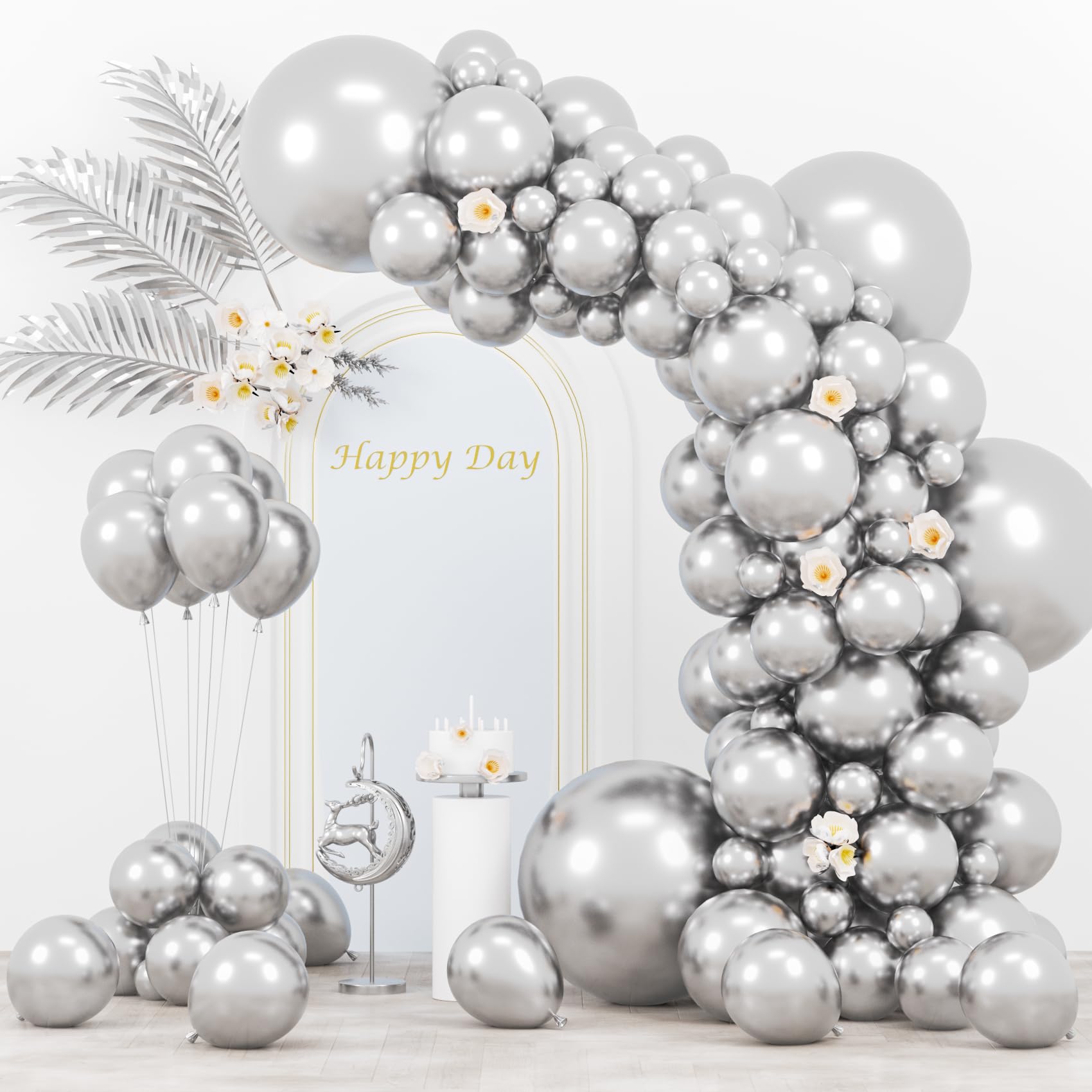 Voircoloria 130pcs Metallic Silver Balloons Different Sizes 18" 12" 10" 5" Chrome Silver Balloon Garland Arch Kit for Graduation Birthday Baby Shower