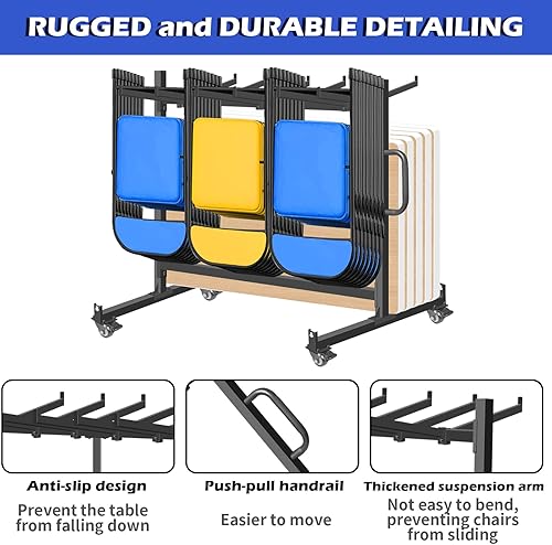 Miniatura 4 de Estante plegable para silla, capacidad de 550 libras, carrito de silla plegable resistente con capacidad para 42 sillas o 12 mesas, almacenamiento