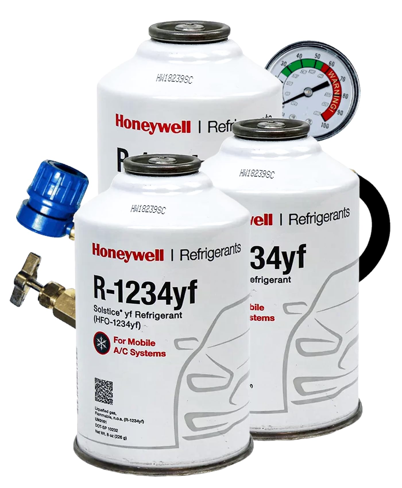 ZeroR® R1234YF Refrigerant Recharge Kit with 3 X 8oz R1234YF Can & 24" HD Brass Can Tap Gauge -, Ideal for Automotive AC Systems, Reverse-Thread Design - Easy Access to Hard-to-Reach Ports