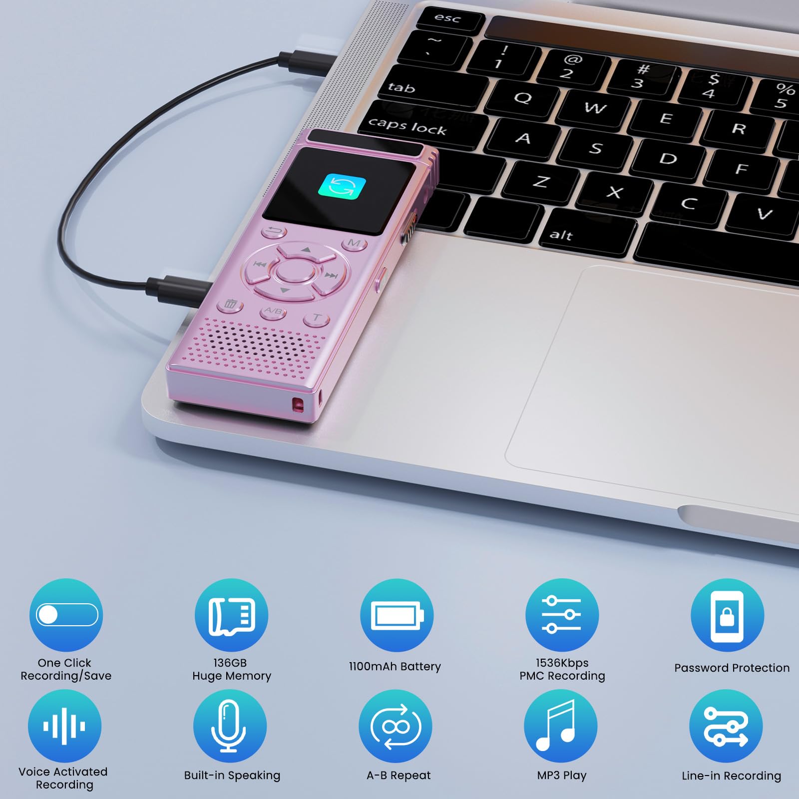 Grabadora de voz digital de 136 GB con reproducción, dispositivo de grabación de audio de 9000 horas, grabadora activada por voz con reducción de ruido, repetición A-B, reproductor de MP3 y contraseña