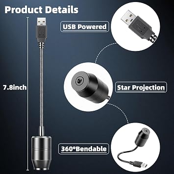USB Galaxy Projector Night Light, 360Rotation Night Light Star Projector with Romantic Atmosphere, Portable Mini Star Roof Lights for Car Bedroom Decor (Starry Sky & Moon)