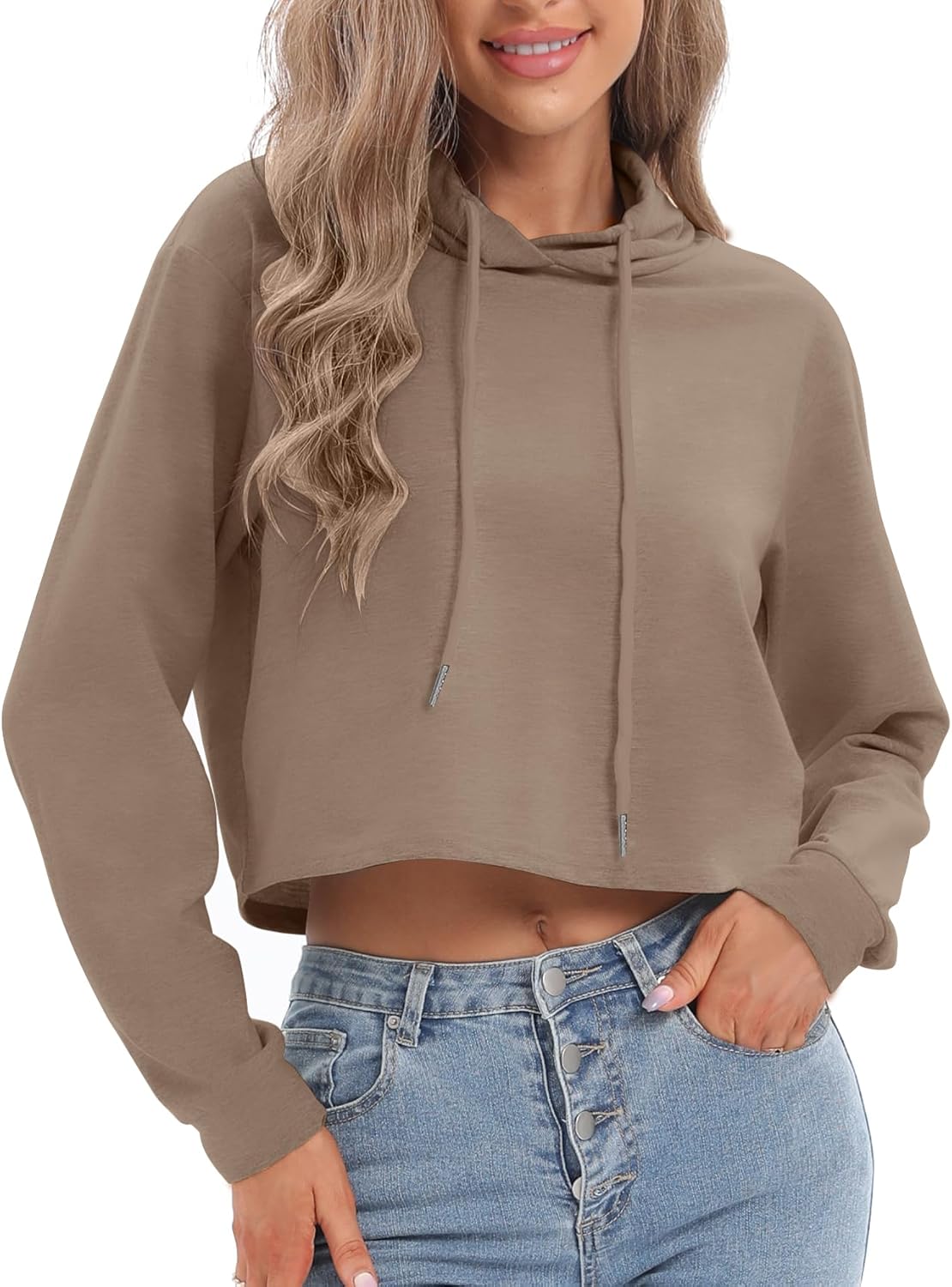 milanpavilion Women's Drawstring Cropped Hoodie Casual Hoodies for Women Workout Crop Tops Sweatshirt Long Sleeve Crop Top