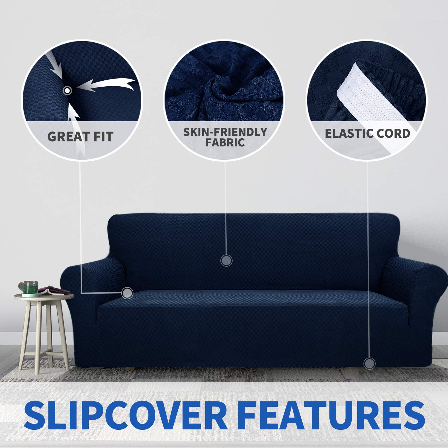 MAXIJIN Fodere per divani più recenti per 3 posti, fodera per divano jacquard elasticizzata per cani Fodere per mobili in 1 pezzo elastiche per animali domestici (3 posto, Jacquard Blu Navy)