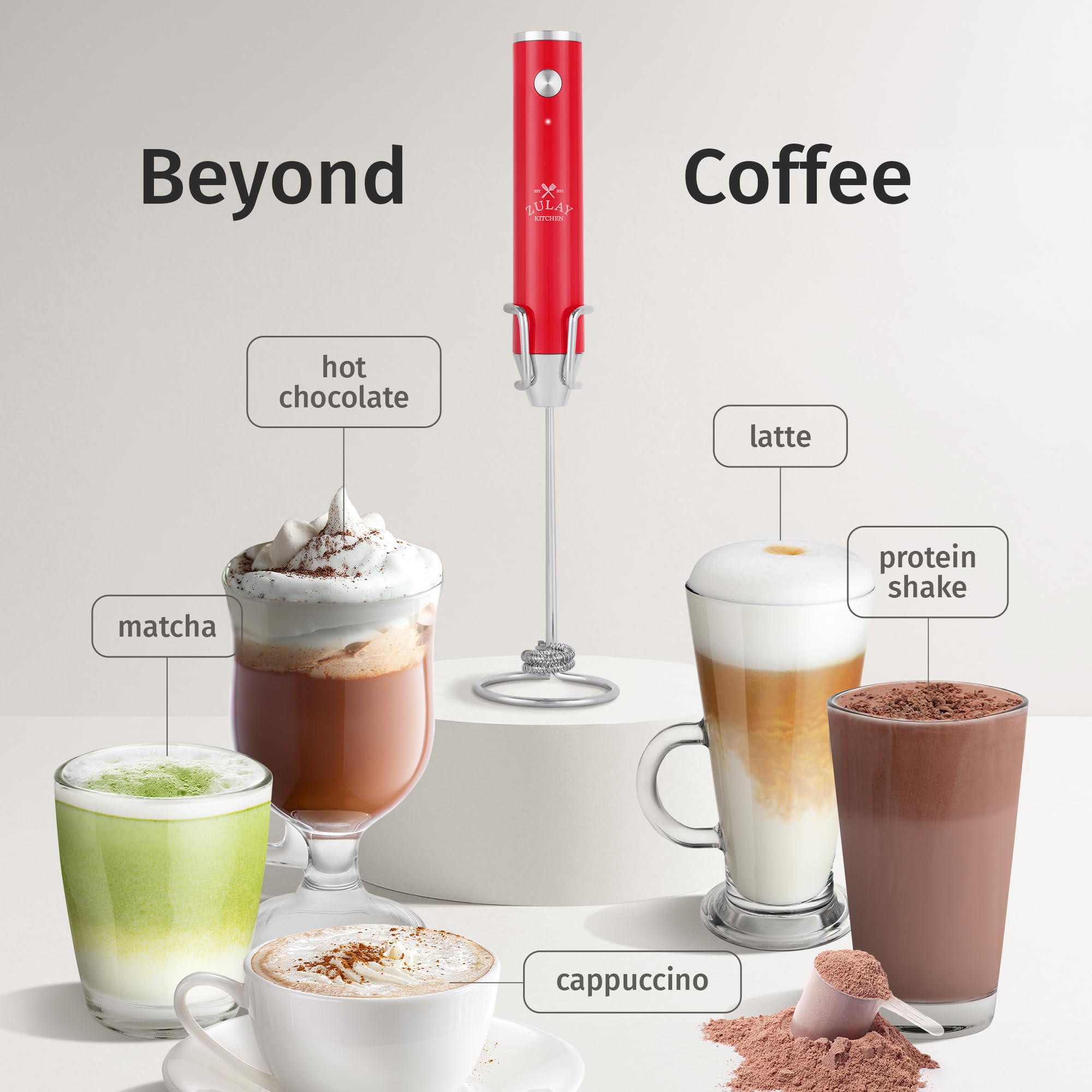 Zulay Kitchen Mousseur à lait portable rechargeable - Mousseur à boisson électrique pour cappuccinos, matcha et poudre de protéines - Double fouet Lux étanche à 2 vitesses - 2 000 mAh - Rouge