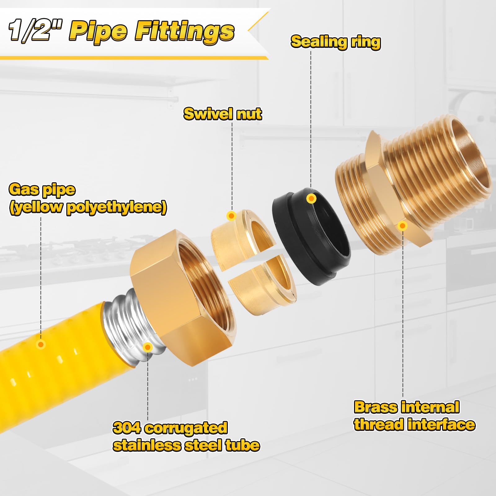 Tubo de acero inoxidable corrugado CSST de 1/2 pulgada y 70 pies, kit de tubería con 2 accesorios macho, antigrietas, utilizado para calentadores de construcción, equipos de propano NG (70