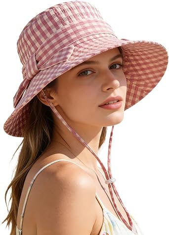 Womens Summer Plaid Sun Hat 100% Cotton Beach UV Protection Fishing Hat