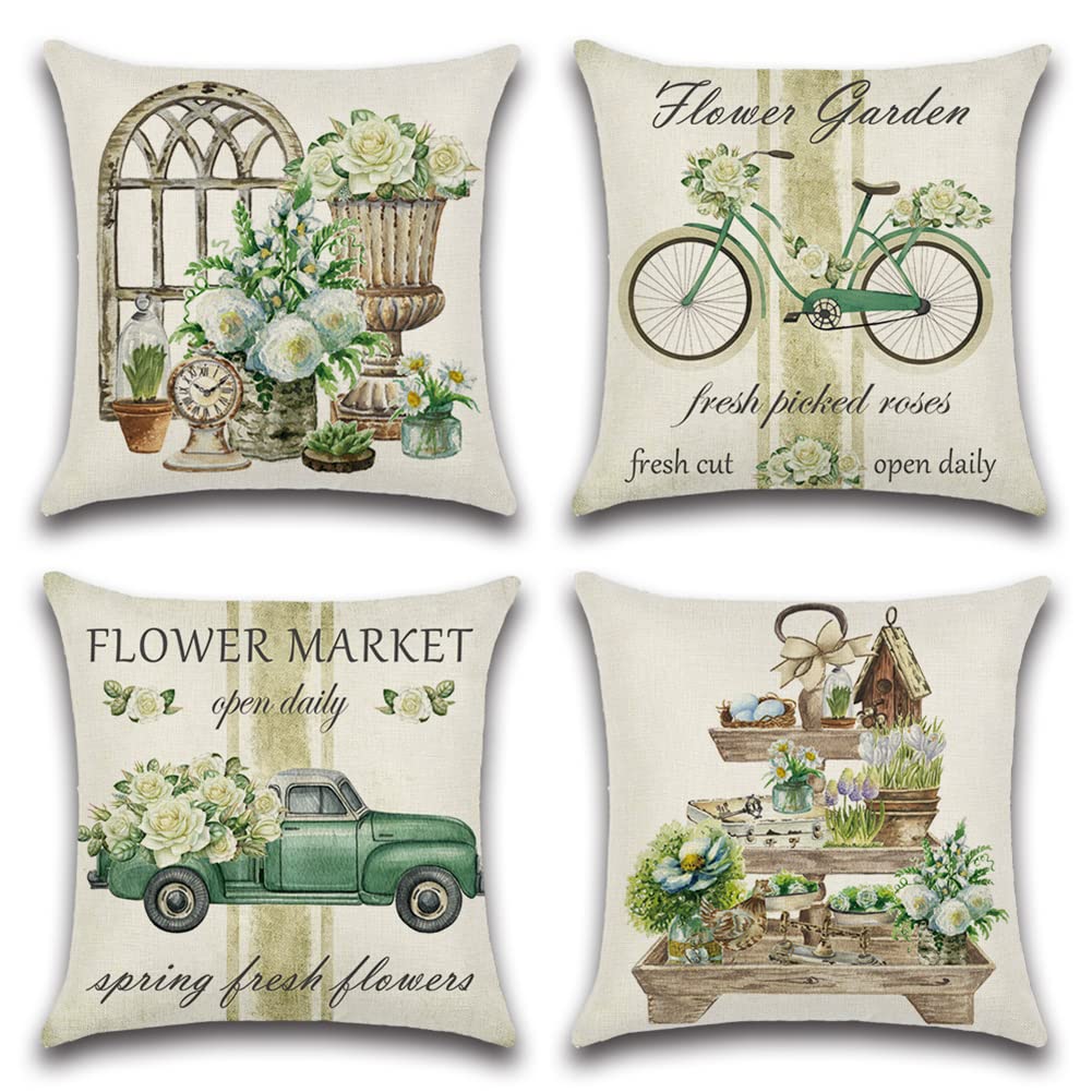 Housse de coussin imperméable 45x45 cm lot de 4 motifs jardin vert pour canapé terrasse