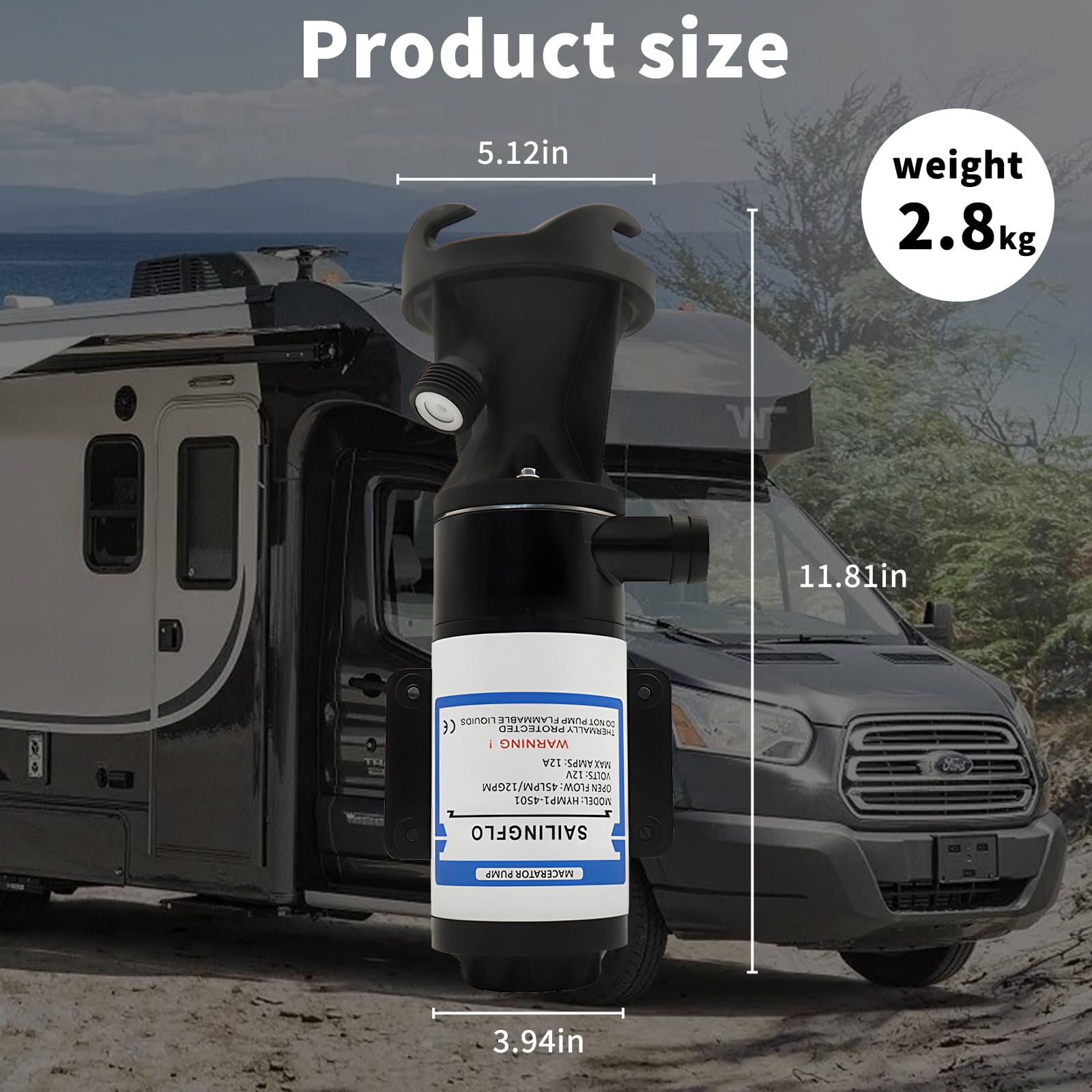 12V RV Macerator Pump – 12 GPM, 144W Copper Motor, 3-Inch Intake, 4-Blade Chopper, 1/8 Inch Waste Reduction, For RVs Boats Yachts Campers