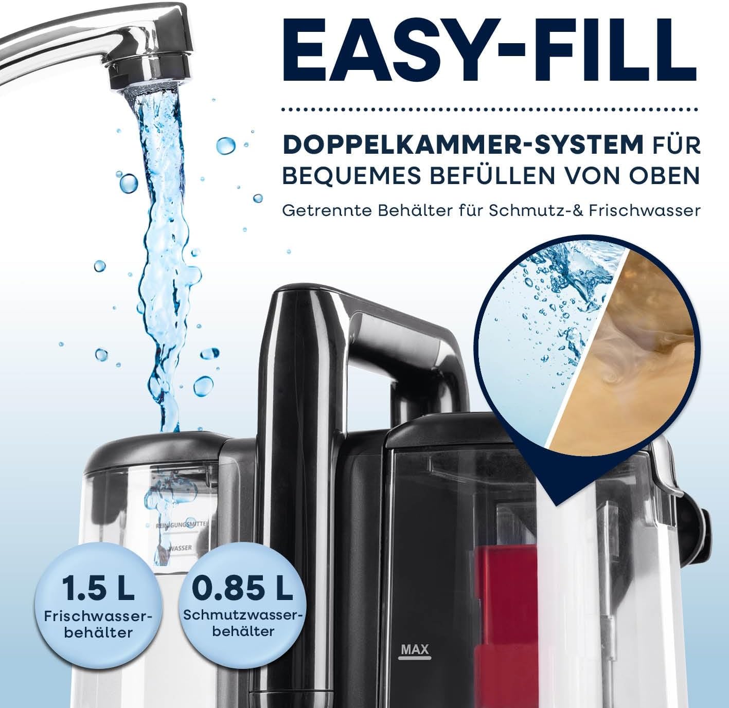 CLEANmaxx Pro Spotcleaner showing dual tank system being filled with water