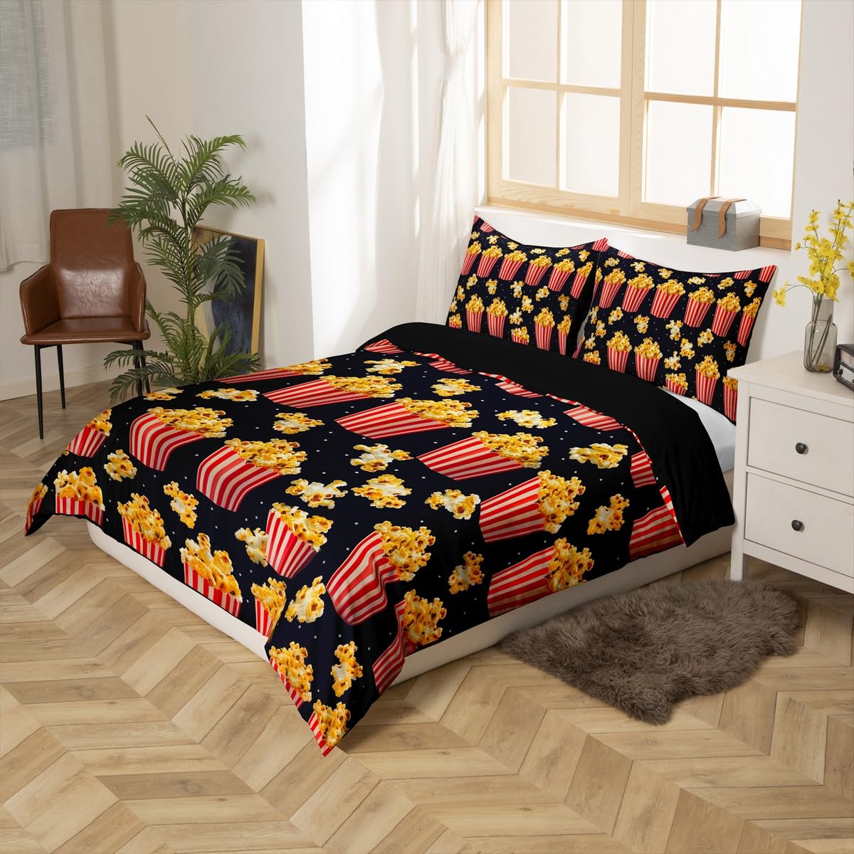 Homewish Popcorn King Size poszewka na kołdrę czerwony żółty zestaw pościeli kreskówka słodkie śmieszne jedzenie poszewka na kołdrę dla dzieci chłopców dziewcząt dorosłych kreskówka zestawy łóżek